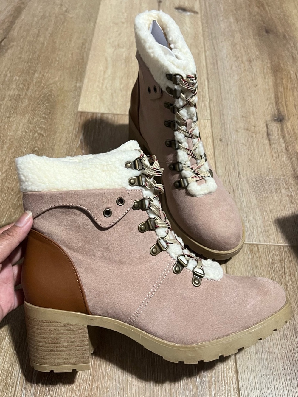 JANE AND THE SHOE Blush Pink Faux-Shearling Lace-Up Block Heel Boots